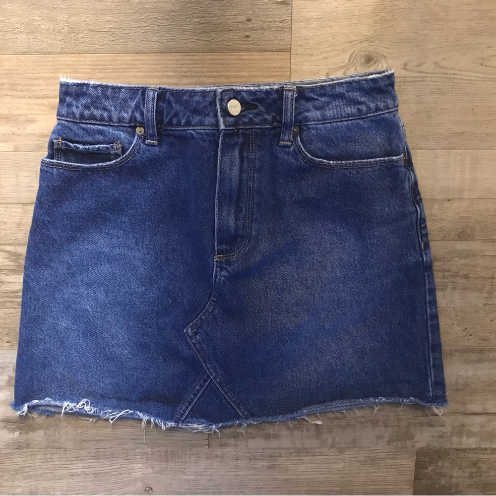 PAIGE Blue Denim Frayed-Hem Mini Skirt